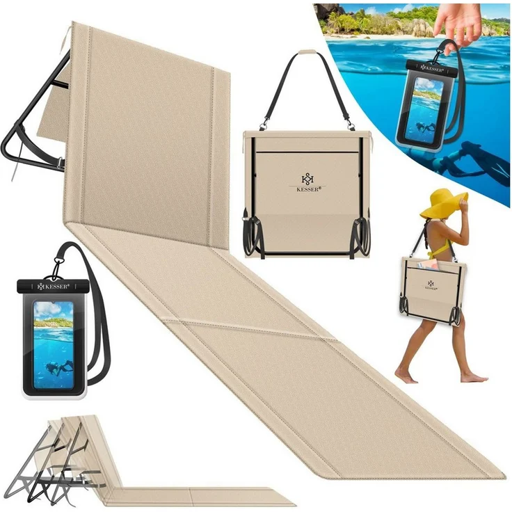 KESSER® Strandmatte klappbar mit verstellbarer Rückenlehne, Strandliege faltbar mit Tragegurt, wasserdichter Handyhülle & Aufbewahrungstasche, Sonnenliege für Strand Garten Terrasse, Liegematte 130Kg Beige, 1er – Bild 1