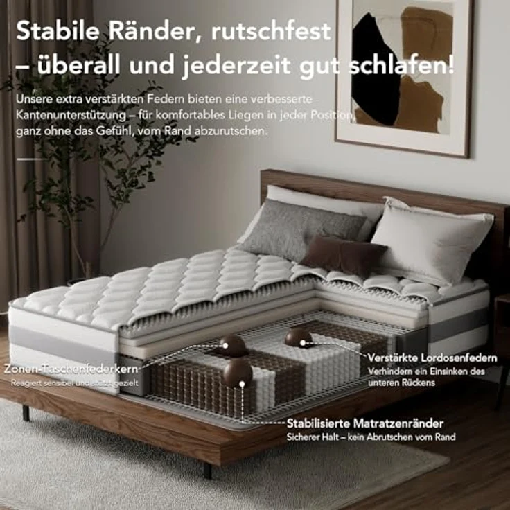 HOMAVO Matratze 90x200 cm 25cm Höhe 7-Zonen Taschenfederkernmatratze Orthopädische Federkernmatratze mit Memory-Schaum Schicht, Härtegrad H3 H4, CertiPUR-US Zertifiziert – Bild 3