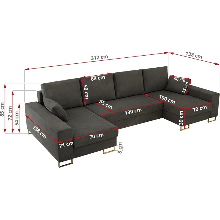 U-förmiges Ecksofa auf goldenen Metallbeinen, mit Schlaffunktion und drei Bettkästen für das Wohnzimmer - DORIAN U - Dunkelgrau Velours – Bild 7