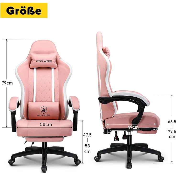 GTPLAYER Gaming Stuhl Ergonomischer Gaming Sessel Schreibtischstuhl mit Stoffoberfläche, Federsitzkissen, Verbindungsarmlehnen und Fußstütze ROSA – Bild 7