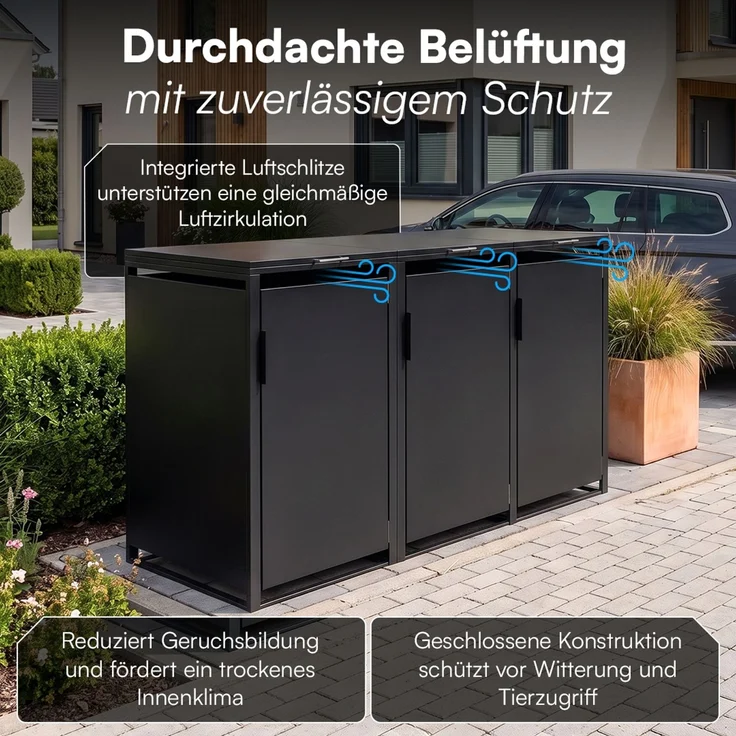 STEELSØN 'Thoria' Mülltonnenbox 3er je 240 Liter, graphitschwarz, Mülltonnenverkleidung aus Stahl, wetterfest, 116x80x203 cm, Müllbox für 3 Tonnen – Bild 6
