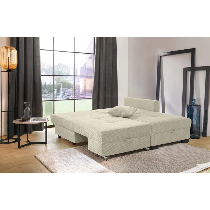 Ecksofa Schwenkfunktion Doppelbett Schlafcouch Bettkasten Cordbezug Beige Grau – Bild 5