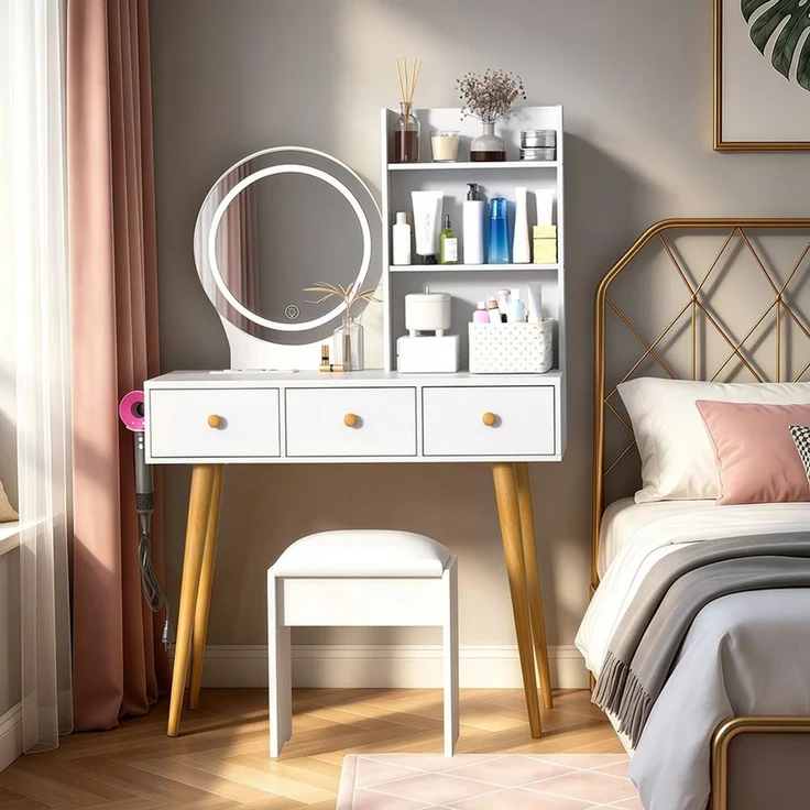 GLIESE Schminktisch mit Spiegel und Hocker Set mit 3 Farbtemperaturen & dimmbar (1-St, Frisierkommode, Schminkhocker), 2 Steckdose + 2 USB, mit 3 Schubladen + Föhnhalter, für Schlafzimmer – Bild 1