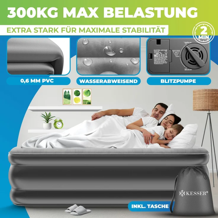 KESSER® Aufblasbare Matratze Luftbett mit eingebauter elektrischer Pumpe integrierte erhöhte aufblasbare Matratze für Übernachtungsgäste mit Aufbewahrungstasche Doppel, Grau / Anthrazit – Bild 4