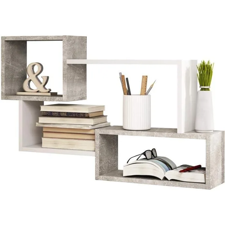 Selsey Kassi - Wandregal/Hängeregal/Bücherregal in Betonoptik/Weiß Matt 54x87 cm, 30 x 30 x 50 cm