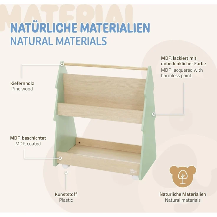 Joyz Spielzeugtruhe Kinderregal Kindermöbel Kinderzimmerregal Spielzeug Spielzimmer Möbel, Tanne Bücherregal mit 3 Ablagen & 4 Rollen MDF / Kiefer – Bild 8