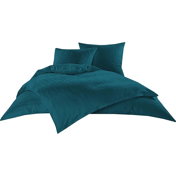Bettwaesche-mit-Stil Mako Satin Damast Bettwäsche Waves petrolblau Garnitur 140x200+70x90cm