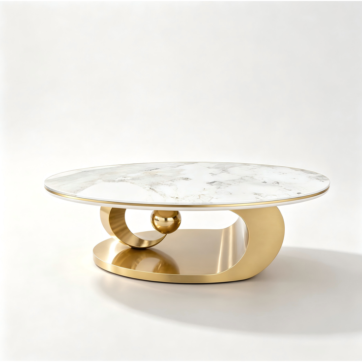 Ovaler Couchtisch 120 x 67 x 45 cm mit Tischplatte in weißer Marmoroptik und goldfarbenem Edelstahlgestell – Bild 6