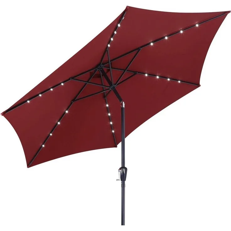 Kingsleeve Sonnenschirm mit LED Beleuchtung, Solarbetrieben, UV Schutz 30+, wasserabweisend, Alugestell / Polyester rot, Ø 270 cm