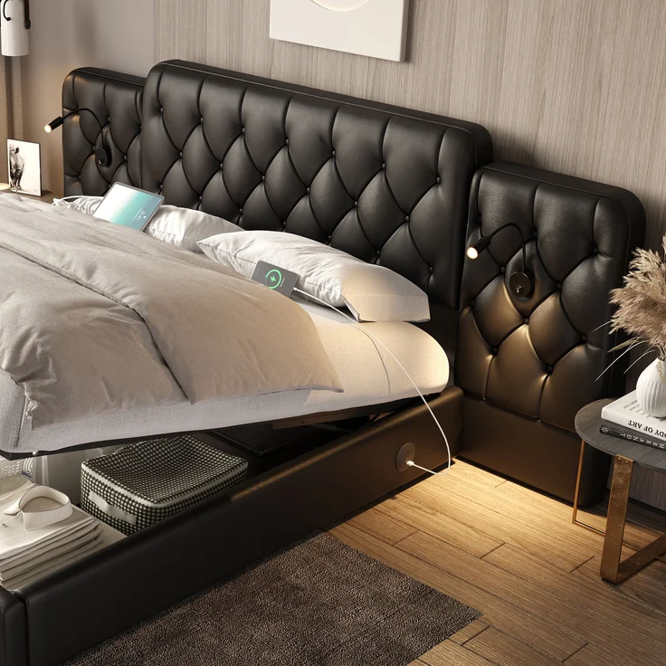 LVHOM Boxbett 160x200cm Bettgestell, PU-Leder, Verlängertes und Vergrößertes Kopfteil, Nachttischlampe, USB-Ladeanschlüssen, hydraulischem Stauraum-System, Polsterbett Doppelbett – Bild 5