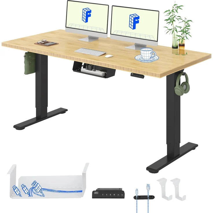 FLEXISPOT Höhenverstellbarer Schreibtisch mit 2 Motoren und einteiliger Tischplatte – Ergonomischer Bürotisch, 160x80 cm, Bambus-Tischplatte (19 mm), schwarzes Gestell