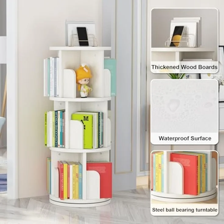 GarveeLife Drehbares Bücherregal aus Massivholz, 360-Grad-Anzeige, Aufbewahrungsregal für Kinder und Erwachsene, multifunktionaler Bücherregal-Organizer (3 Etagen, weiß, 40 x 40 x 98 cm) – Bild 5