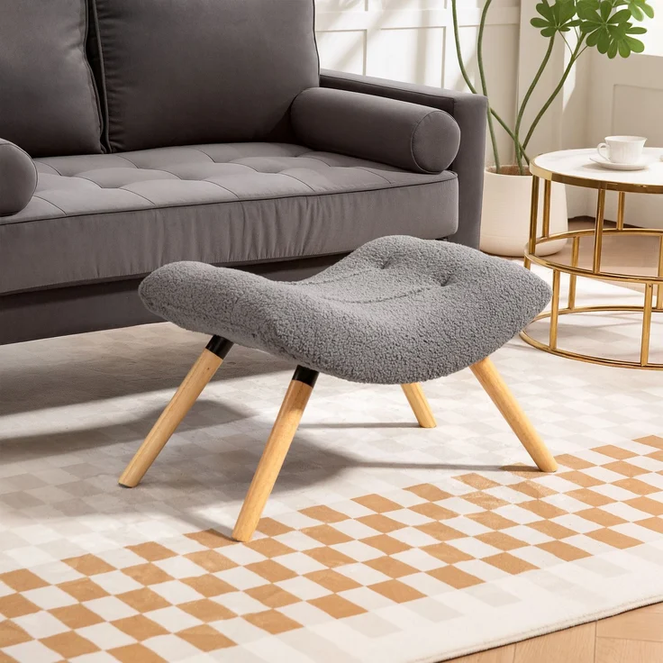 MELAYR, Moderner Fußhocker mit Fleece-Bezug und Holzbeinen, gepolstert, für Wohnzimmer, 67 x 45 x 38 cm, Dunkelgrau – Bild 3