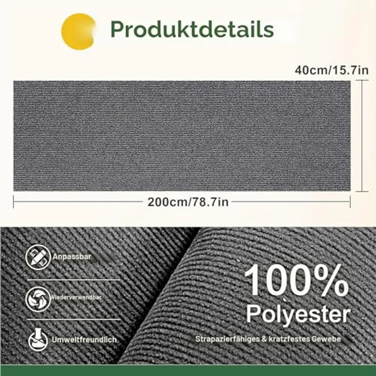Gimars Selbstklebend Kratzmatte 200 × 40, mit Zusatz-Klebeband, DIY Kratzschutz Sofa Katze, Kratzbrett Katze, Katzen Kratzmatte, Kratzmatte für Wand & Möbel, Grau – Bild 2