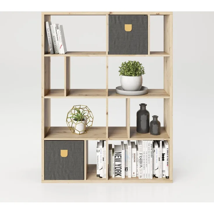 Fortuna - Bücherregal, Büroregal, Raumteiler mit 12 Fächern, asymmetrische Aufteilung, eiche
