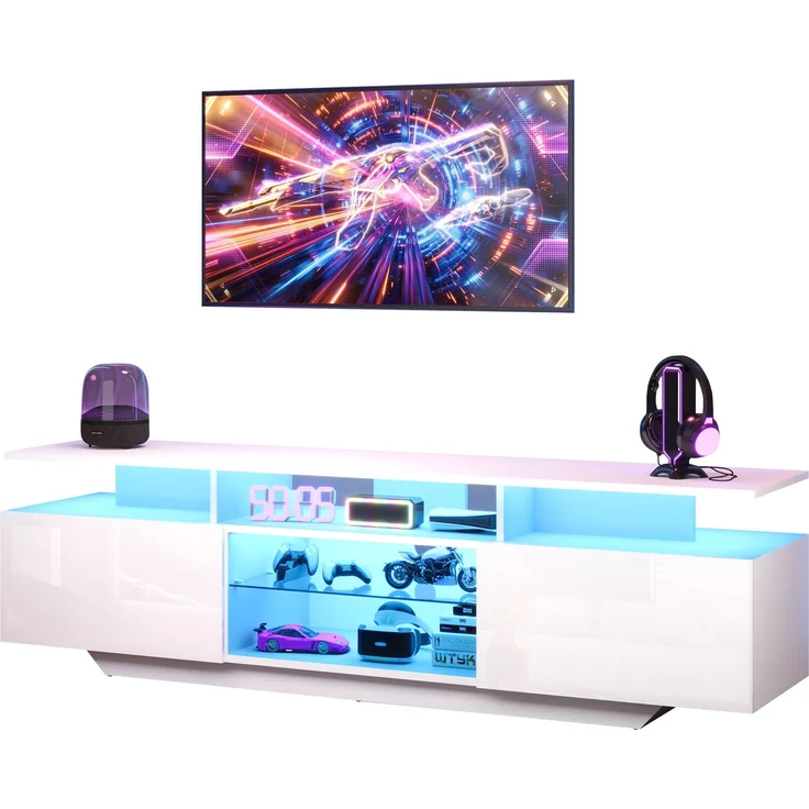 Merax 160cm Fernsehschrank,TV-Ständer mit 2 Schränken, Wohnzimmerschrank, Hochglanz-TV-Schrank mit LED-Lichtleiste, mit 8 Ablageflächen, 70-Zoll-Fernseher, Weiß – Bild 10