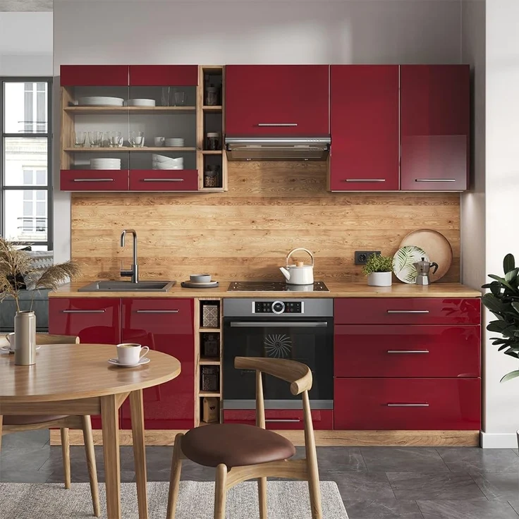 Küchenzeile Fame-Line Bordeaux Hochglanz/Goldkraft Eiche 235 cm ohne Arbeitsplatte Vicco – Bild 2