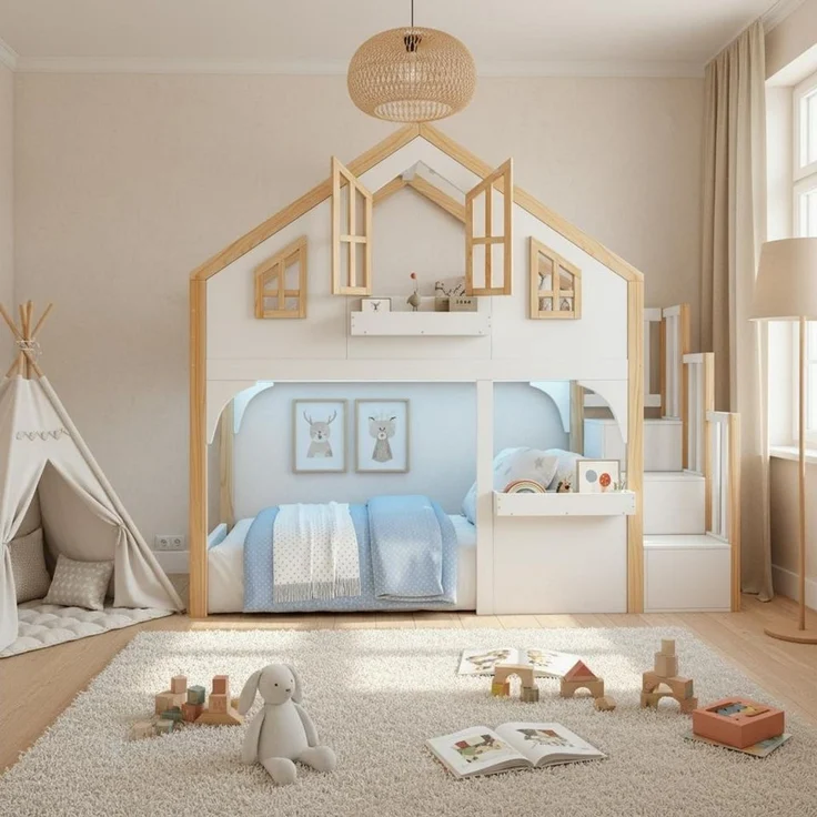 BlingBin Etagenbett 90x200 cm Kinderbett mit LED, Hochbett mit Stauraumtreppe, Hausbett (1er Set, 1-St, Ohne Matratze, Tragfähigkeit: 120KG, Massivholz+MDF, Weiß), Massivholzbett mit Fenster-Form und Rausfallschutz für Kinderzimmer – Bild 3
