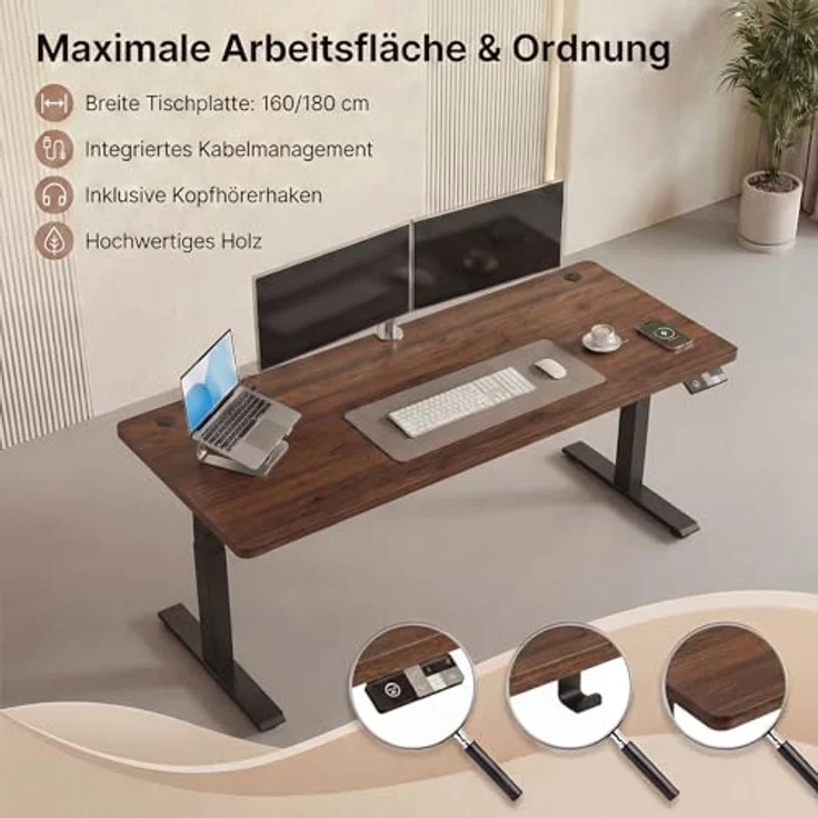 Devoko Höhenverstellbarer Schreibtisch 160x80 cm elektrisch, Höhenverstellung 63-128 cm mit Smart Control, 125 kg Tragkraft, für gesundes Arbeiten – Bild 6