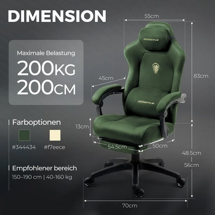 Dowinx Gaming-Stuhl Atmungsaktiver und Ergonomischer Bürostuhl aus Mikrofaser-Velours (Packung), Weiches Sitzgefühl, Verstellbarer Schreibtischstuhl mit Fußstütze – Bild 1