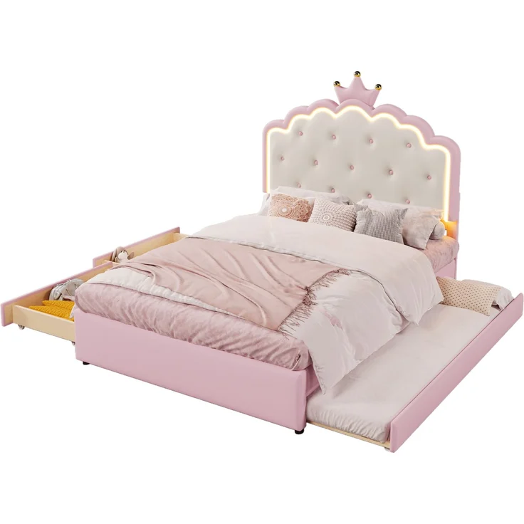 Polsterbett, 140 x 200 cm, mit Lattenrost (ohne Matratze), Ambiente-Beleuchtung mit Fernbedienung, Kronprinzessinnenform, Ausziehbett, 2 Schubladen, Material PU, Rosa – Bild 9
