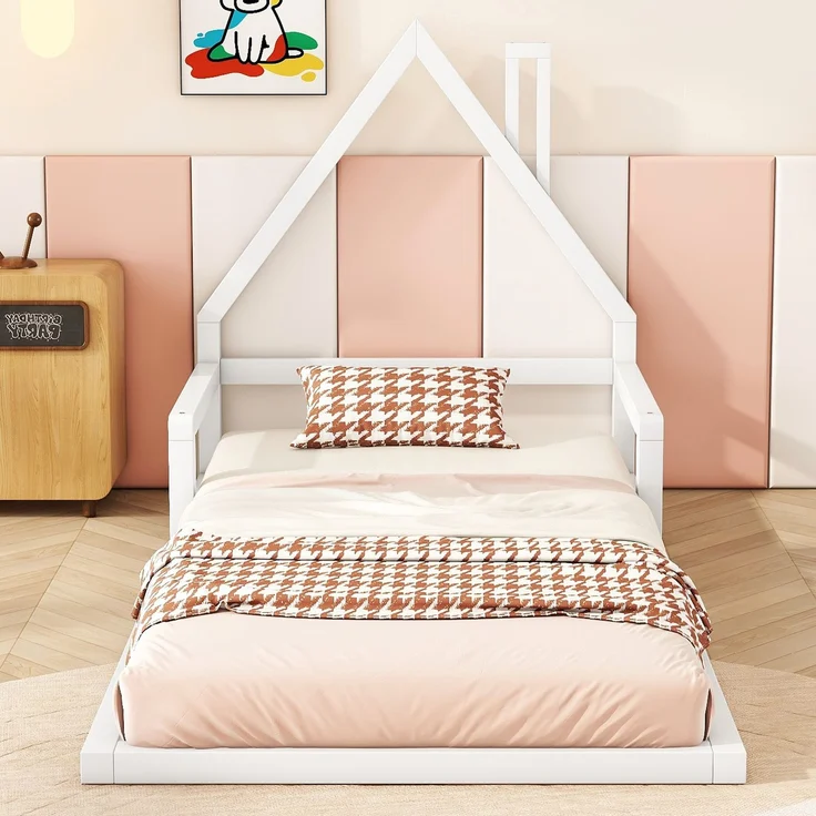 Kinderbett 90x200 cm in Hausform, Weiß,stabiles Flachbett mit 7 Lattenrosten, modernes Hausbett,leicht zu montieren und pflegeleicht – Bild 4