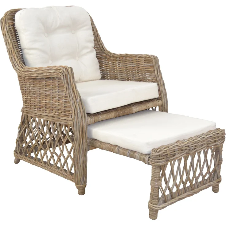 Rattansessel, Relaxsessel mit ausziehbarem Fußteil, handgeflochten, naturgrau – Bild 1