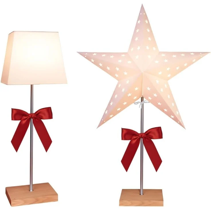 EGLO Tischlampe mit Wechselschirm, 3D Papierstern Weihnachten oder eckiger Lampenschirm in Weiß mit Fuß aus Holz und Metall, Dekostern Tischleuchte mit Kabelschalter, E14, Höhe 65 cm – Bild 3