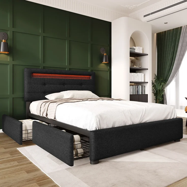 Einzelbett 90 × 200 cm mit LED-Beleuchtung, verstellbarem Kopfteil, 2 Schubladen, Leinenbezug in Schwarz, modernes Design – Bild 6