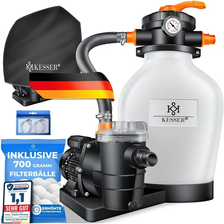 KESSER Sandfilteranlage 600W Sandfilter für Pools 13200L/h Durchfluss Poolfilter 7-Wege Ventil (Filteranlage mit Pumpe, 1200g Filterbälle Druckmanometer, Abdeckung), Tankvolumen für bis 30kg Sand Professionelle Poolwasserfilterung – Bild 2