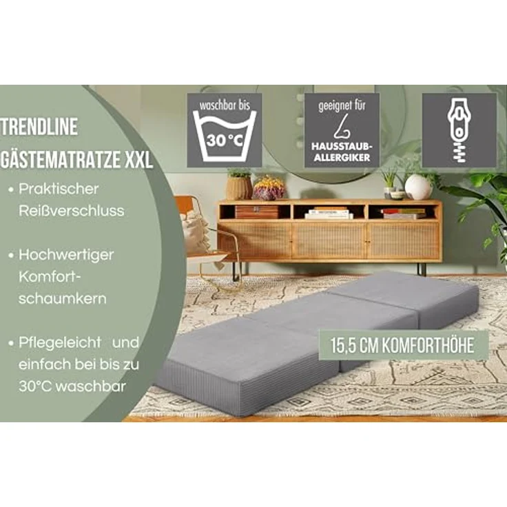Badenia Trendline Faltbare Kord Gästematratze XXL, Komforthöhe von 15cm, 196 x 65 x 15,5 cm Liegefläche, Öko-Tex Zertifiziert, steingrau, produziert nach deutschem Qualitätsstandard – Bild 6