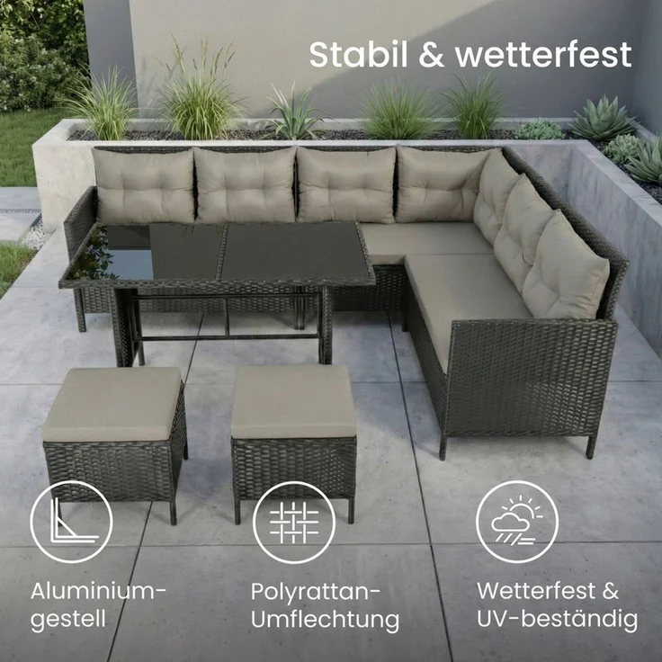 Home Collective Gartenlounge-Set 7-Sitzer mit Ecksofa Outdoor Möbel Gartenmöbel Polyrattan Outdoormöbel, (220x170x79 cm (BxTxH), gemütliche Polster in schwarz oder grau), inkl. Esstisch mit gehärteter Glasplatte und zwei Hocker, schwarz – Bild 1