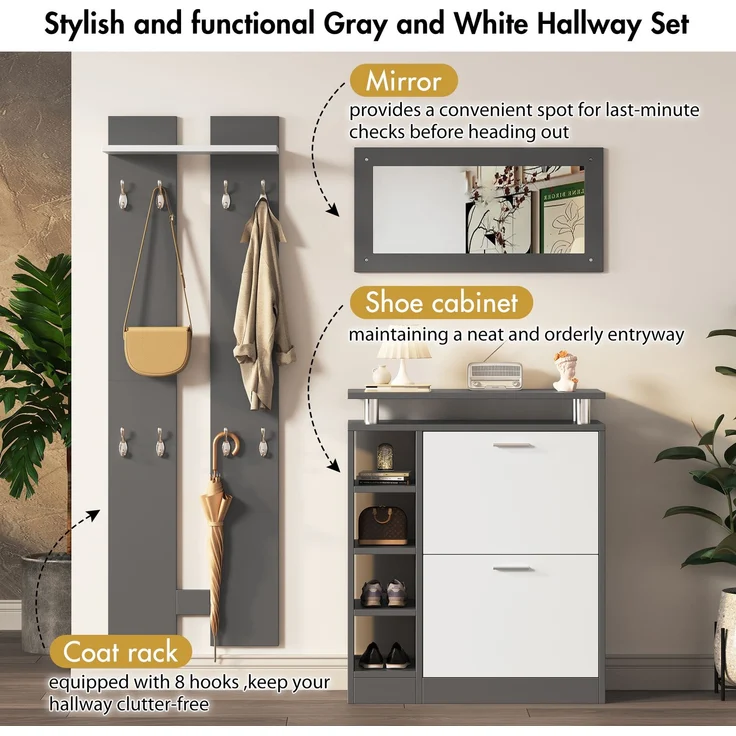 Wandgarderoben-Set 80 x 25 x 96.5 cm, inkl, Spiegel, 2 Wandpaneelen, einer Regalwand und einem Schuhschrank, Korpus anthrazitgrau matt, Flurmöbel, Flurtrockenständer, Flurgarderobe, Schuhwechsler-Set,--Grau, Weiß--91x50.5x19cm--YOUDENOVA – Bild 6