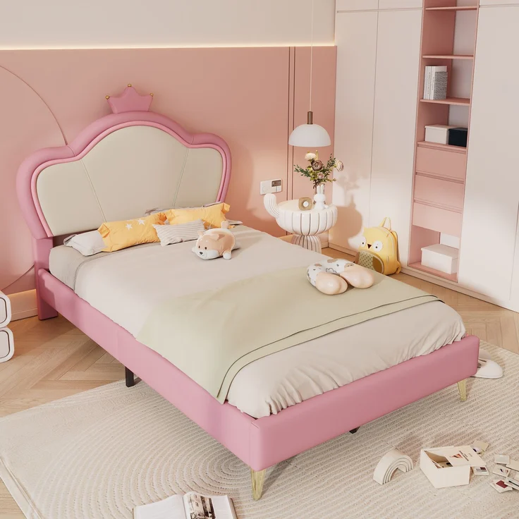 Polsterbett 207x95,5x112 mit Kunstleder-Bezug, Kopfteil mit Krone und weichen Schutzkanten, für Liegefläche 90x200, rosa – Bild 2