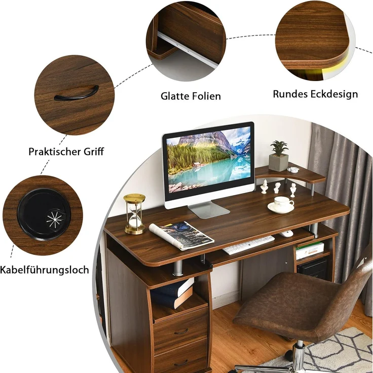 COSTWAY Computertisch Schreibtisch Buerotisch Arbeitstisch PC-Tisch mit Tastaturauszug Druckerablage Schubladen Walnuss – Bild 4