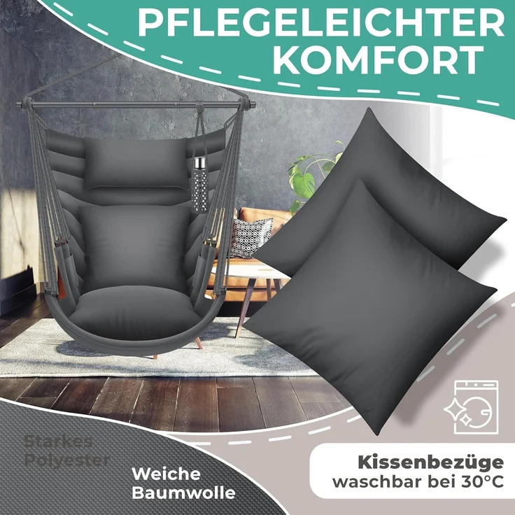 KESSER® Hängesessel Haiti 150kg Traglast, Hängestuhl 360° Drehung, Hängeschaukel Indoor-Outdoor UV-beständig & Wasserfest, Pflegeleicht, Inkl. 2 Kissen, Tragetasche, Flaschenhalter & Montage-Set Anthrazit / Anthrazit – Bild 4