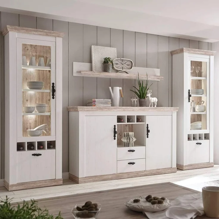 Lomadox Wohnwand FERNA-61, (2-St), Landhaus mit Highboard Oslo Pinie dunkel und weiß Nb. 330x201x44cm – Bild 1