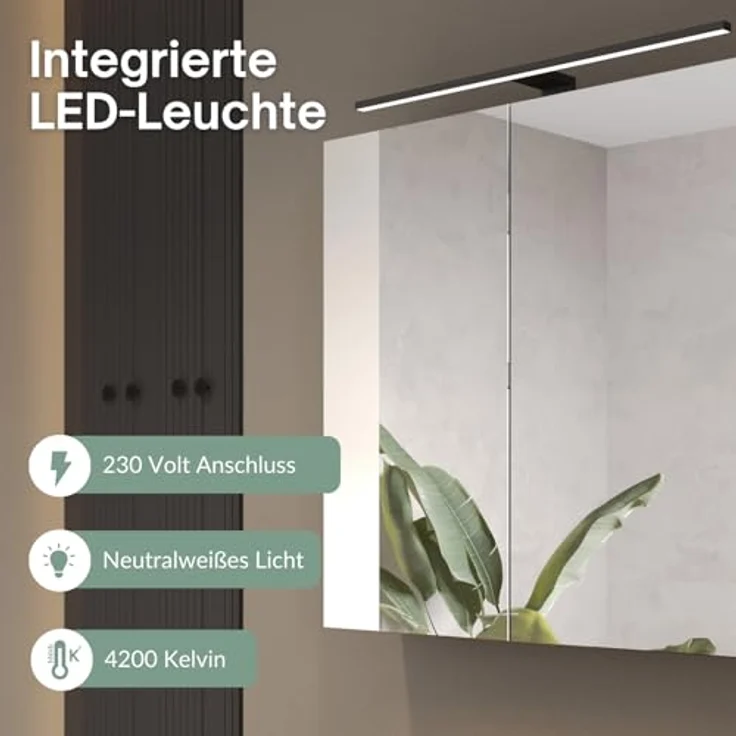 Planetmöbel ARIA Spiegelschrank Bad mit Beleuchtung 70 cm breit | Badschrank hängend mit Spiegel | Weiß Grau, mit Leuchte und Steckdose, Spiegelschrank Gäste WC 70 x 70 x 16 cm – Bild 7