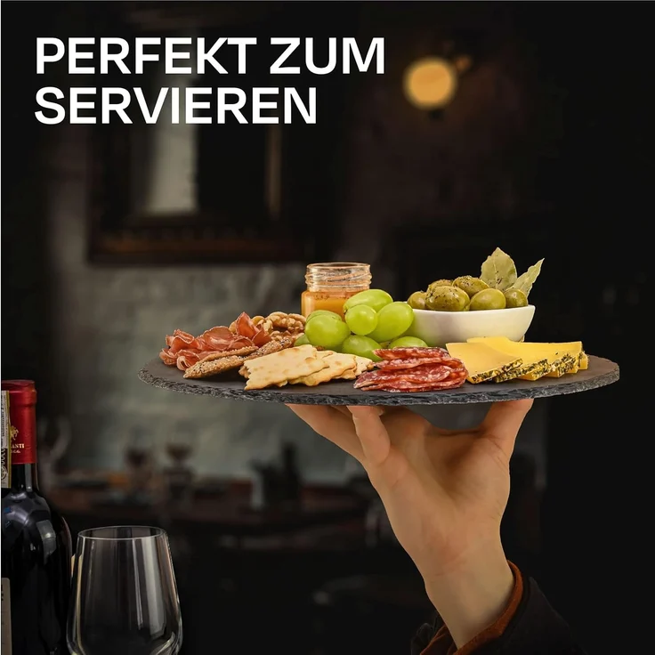 Praknu Servierplatte Schieferplatte Rund 30 cm, Schiefer, (Set, 6-tlg), Rutschfest – Bild 7