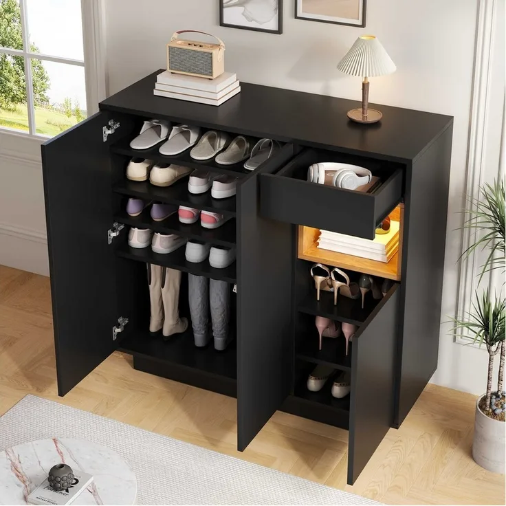 BlingBin Schuhschrank Schuhkipper Schuhkommode Schuhregal (Er bietet Platz für 14–18 Paar Schuhe, 1-St, mit LED,Schublade,verstellbaren Einlegeböden,3 Türen) 105x39,5x100,5cm,für modernen Eingangsbereich
