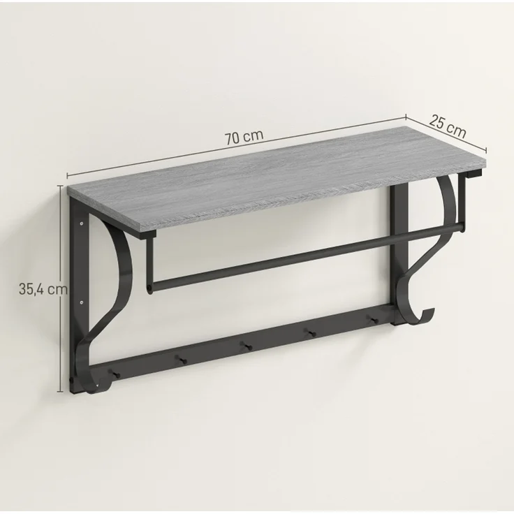 Wandgarderobe mit Ablagefach, 5 Haken und Kleiderstange, 70x25x35,4 cm, Grau – Bild 4