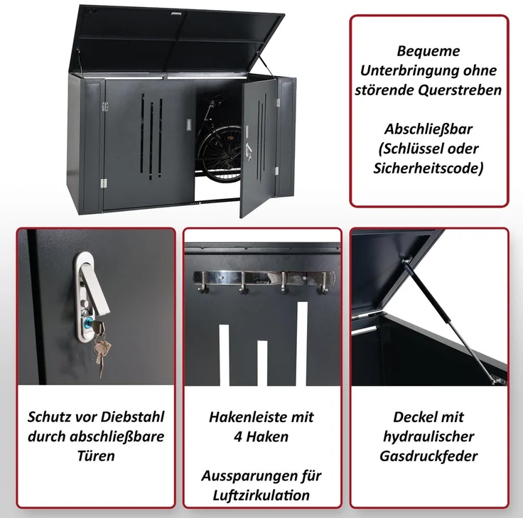 4er-Fahrradgarage HWC-K64, Gerätehaus Fahrradbox mit Deckel, abschließbar Metall 121x202x150cm, anthrazit – Bild 2