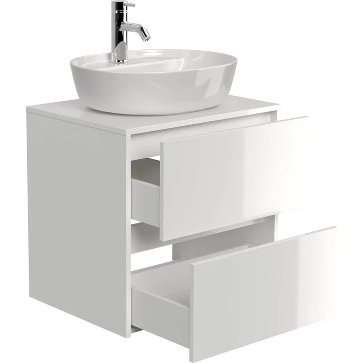 Badmöbel Taifun 60cm mit ovalem Aufsatzwaschbecken weiß Hgl : Weiss hochglanz – Bild 6