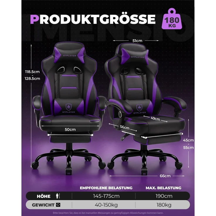 GTPLAYER Gaming Stuhl mit Fußstütze, Ergonomischer Bürostuhl 180kg, Schwerlast Gaming Sessel mit Lendenwirbelstütze und Kopfstütze, Höhenverstellbarer Computerstuhl, Gepolstert, neigbare 155°, Lila – Bild 2