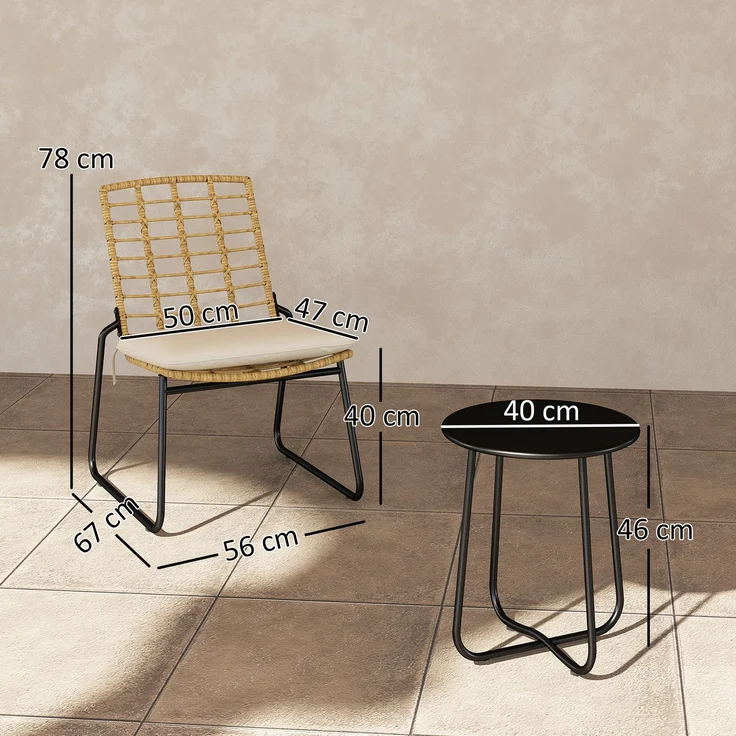 Outsunny Balkonmöbel Set, Stahl, PE-Rattan, Beige, 56L x 67B x 78H cm – Bild 3
