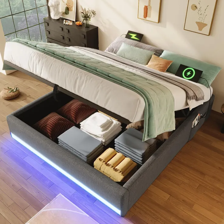 Futonbett mit LED-Beleuchtung, Aufbewahrung und Mehrfachsteckdose, 140x200 cm, Doppelbett ohne Kopfteil, Leinen