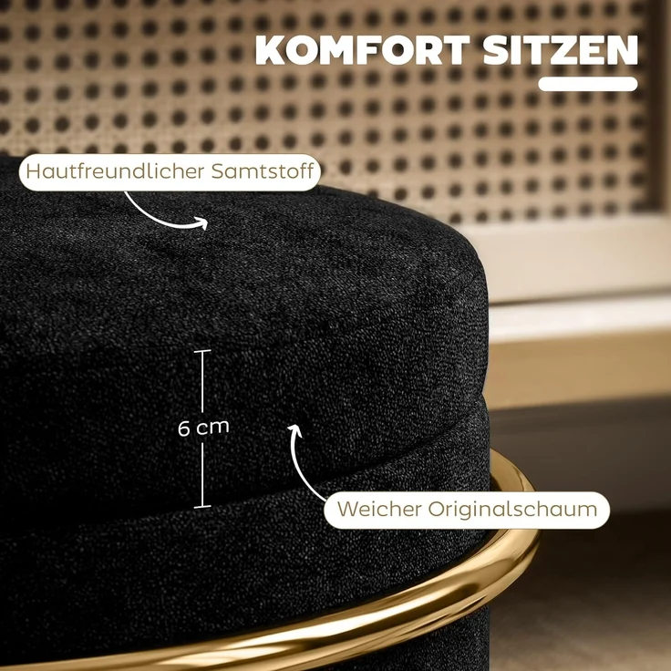 HOMCOM Sitzhocker mit Stauraum, Kleiner Hocker mit Deckel (Fußhocker, 1 St, Polsterhocker mit Stahrahmen), für Wohnzimmer Schlafzimmer, 42 x 42 x 39 cm, Schwarz – Bild 3