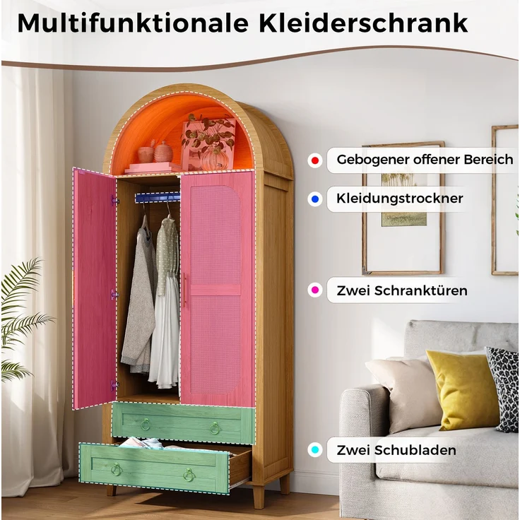 Kleiderschrank 76 x 50 x 184 cm in Natur mit Rattan-Dekor und App-gesteuerter LED-Beleuchtung – Bild 8