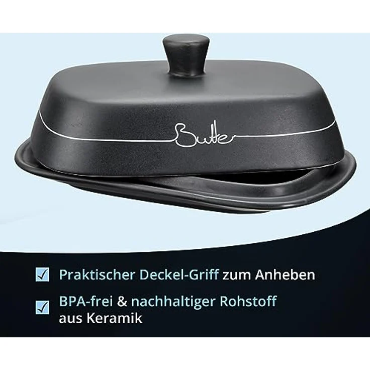 KHG Butterdose Anthrazit Grau Keramik Steingut poliert mit Griff für 250g Butter, Butter Box mit Beschriftung, Butter Behälter zur Aufbewahrung, mit Deckel-Griff – Bild 6