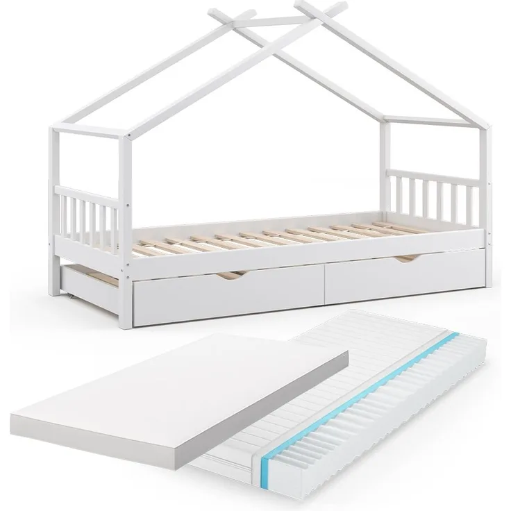 Hausbett Design Weiß 90x200 cm mit Gästebett und 2 Matratzen Vitalispa